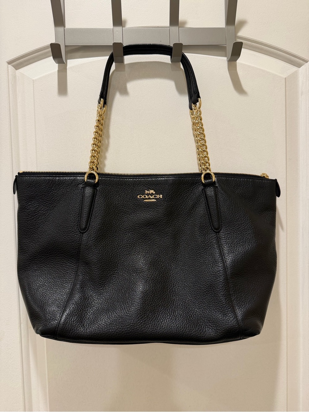 Coach Black Pebbled Leather Tote with Gold Chain Straps